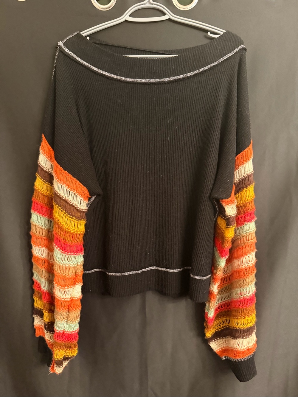 We The Free Black Off-Light Sweater with Colorful Crochet Stripe Sleeves Size S